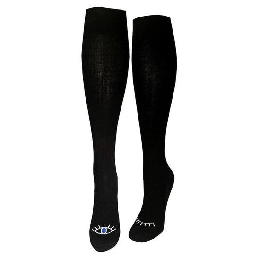 Svarta stödstrumpor med flirtande ögon