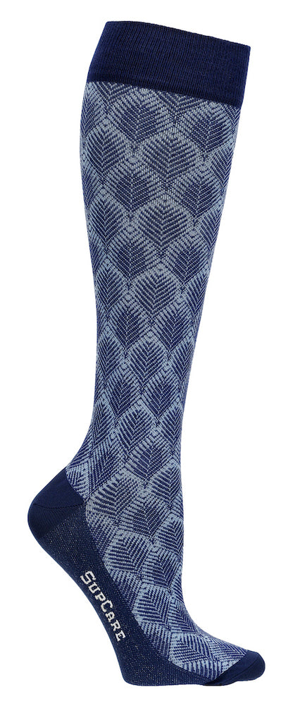 Blå stödstrumpor med lövmönster, bambu