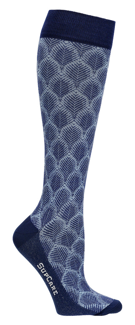 Blå stödstrumpor med lövmönster, bambu