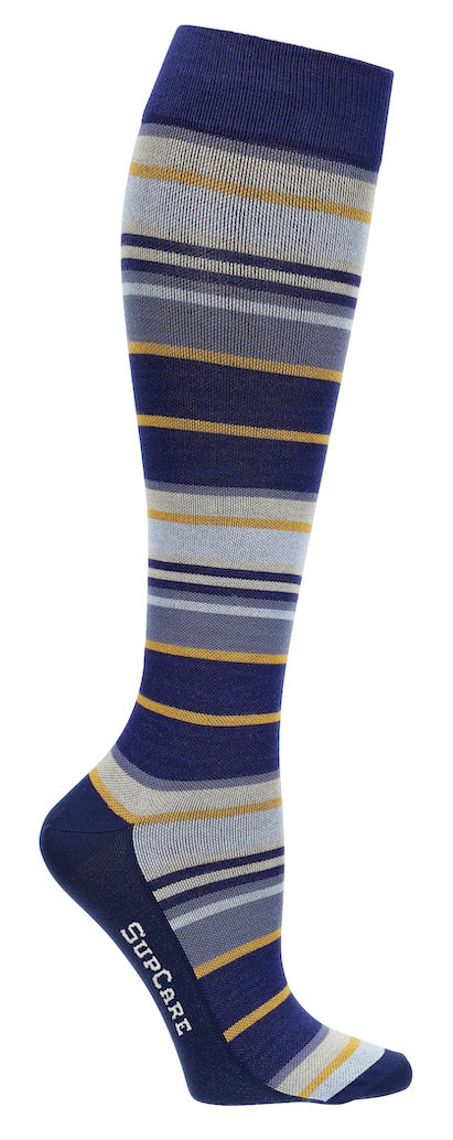 Blå stödstrumpor med gula ränder, bambu