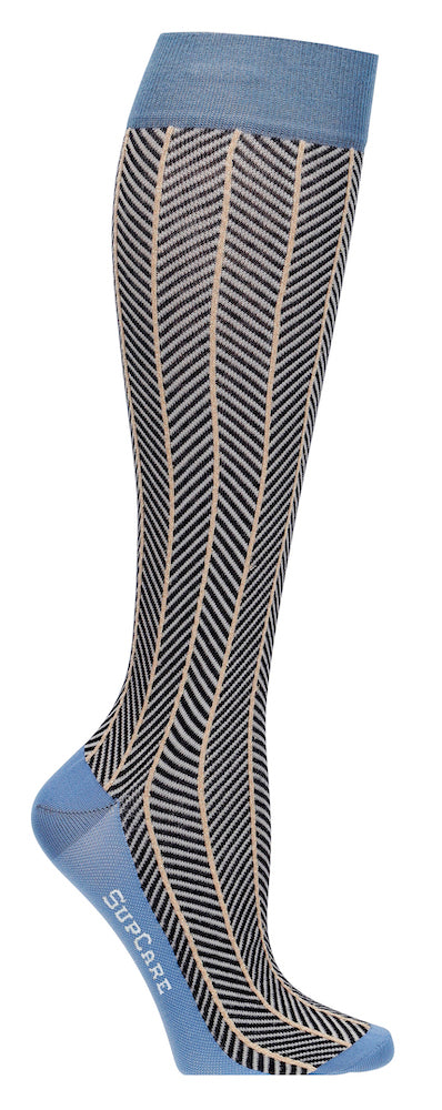 Stödstrumpor fiskbensmönster, blå med guldglitter