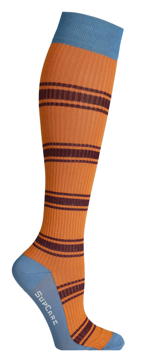 Randiga stödstrumpor i bambu, blå/orange