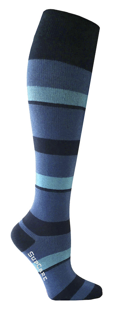 Randiga stödstrumpor i blått och turkost